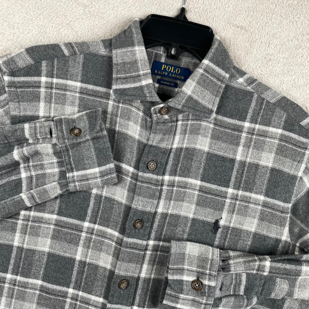 Polo Ralph Lauren Flannel Shirt Mens Medium Classic Fit Gray Plaid Pony Cozy